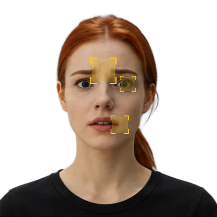 Facial markers of fear: raised and drawn together brows, wide eyes, stretched lips